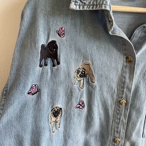 Vintage 90s Embroidered Pug Denim Button Down